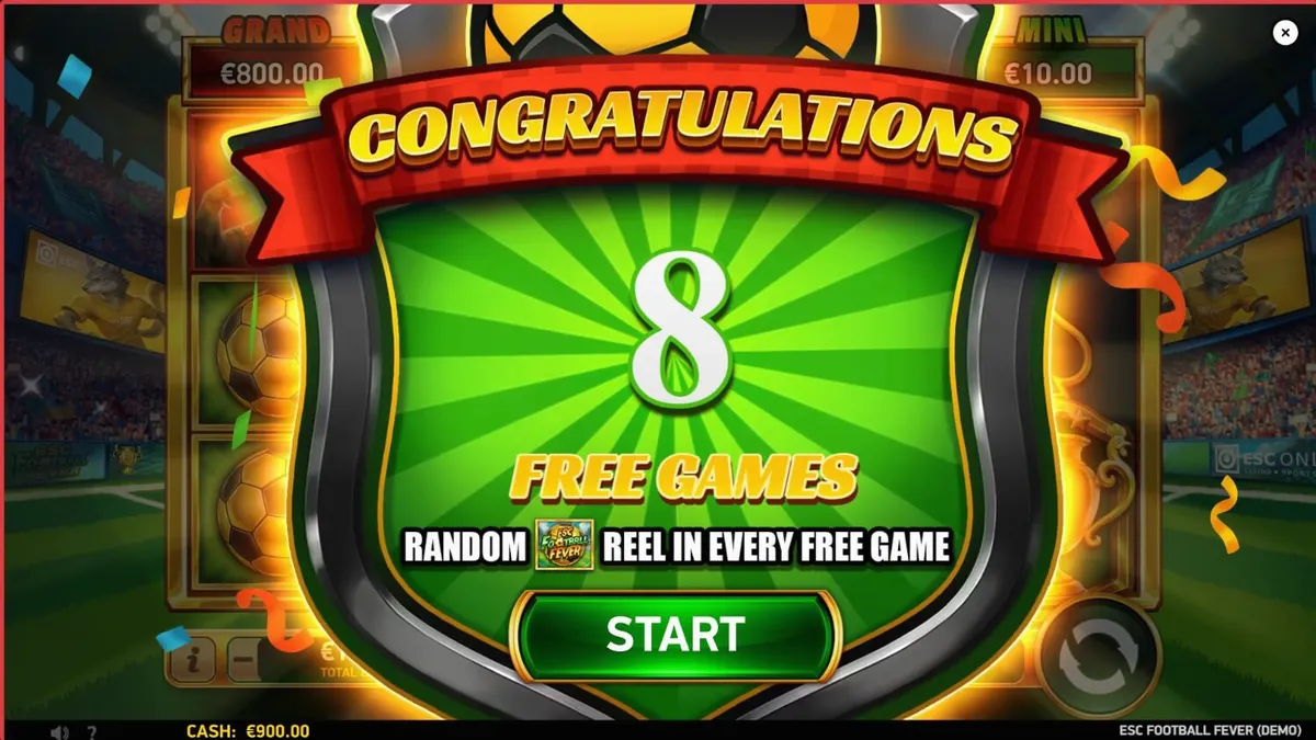 ESC Football Fever slot machine interface na may temang stadium
