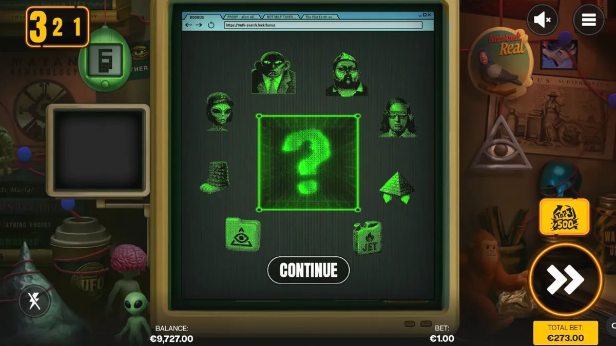 Isang retro na bunker na puno ng mga conspiracy files at computer monitor sa Truth slot.