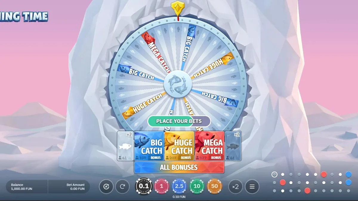 Isang makulay na wheel ng Fishing Time slot na may temang Nordic winter.